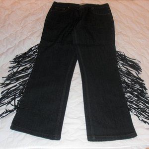 NWY Black leather fringed jeans 16